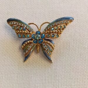Gold-Tone Blue Crystal Butterfly Brooch By KIRK'S FOLLY, Never Worn
